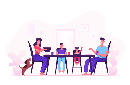 Happy Family of Mother Father and Little Kids Having Dinner Around Table with Food. People Eating Meal and Talking Together, Cheerful Characters Group During Lunch. Cartoon Flat Vector Illustration