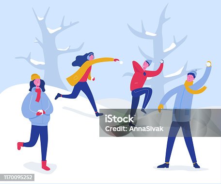 istock Winter Characters Playing Snowballs. Joyfull People Having Fun in Snow. Boys and Girls Throwing Snowball, Christmas holidays outdoor activities. Vector illustration 1170095252