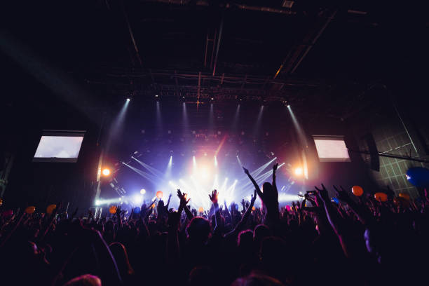 silhouettes of concert crowd in front of bright stage lights. Unrecognized people in crowd. Copy space background. Crowd of fans at music festive. Party in nightclub. Sold out concert. stock photo