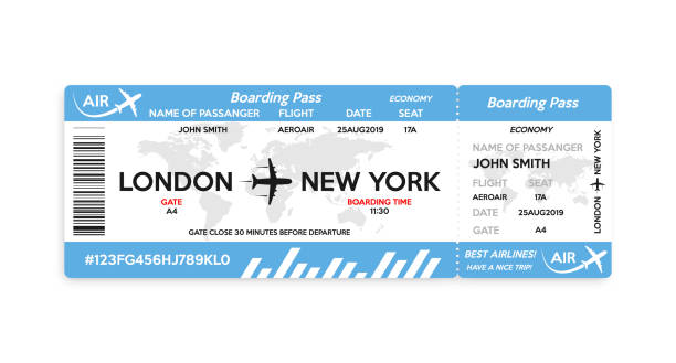 흰색 배경에 고립 된 비행기 탑승권 티켓. 여행, 여행 또는 출장의 개념. 벡터 그림입니다. - vector blue airport arrival departure board stock illustrations