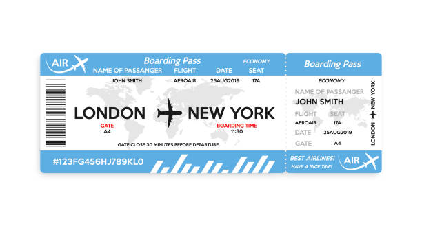 ilustrações de stock, clip art, desenhos animados e ícones de airplane boarding pass ticket isolated on white background. concept of travel, journey or business trip. vector illustration. - vector blue airport arrival departure board