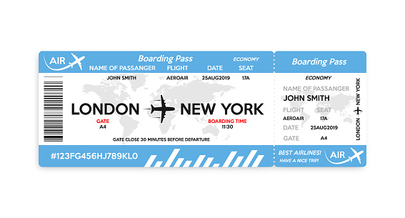 Airplane boarding pass ticket isolated on white background. Concept of travel, journey or business trip.