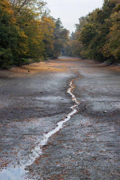 fleuve sec à la saison d'automne. impacts du réchauffement climatique. - global warming drought riverbank dirt photos et images de collection