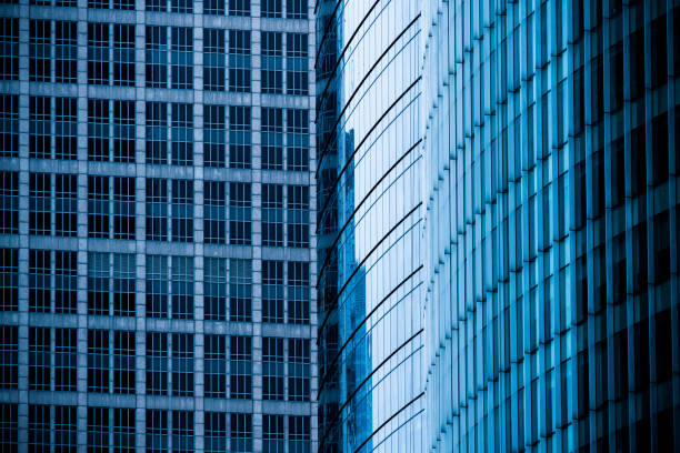 architectural details of office building,blue toned,Hong Kong,China.