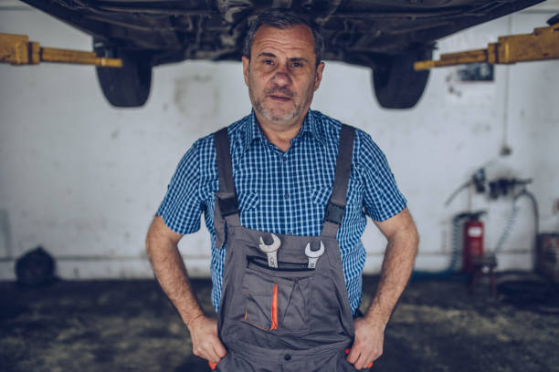 istock Portrait of serious worker in uniform that stands in his workshop 1170096790