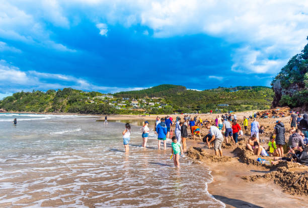 Tourists dig holes in the volcanic sand on the Hot Water beach, Coromandel, New Zealand stock photo