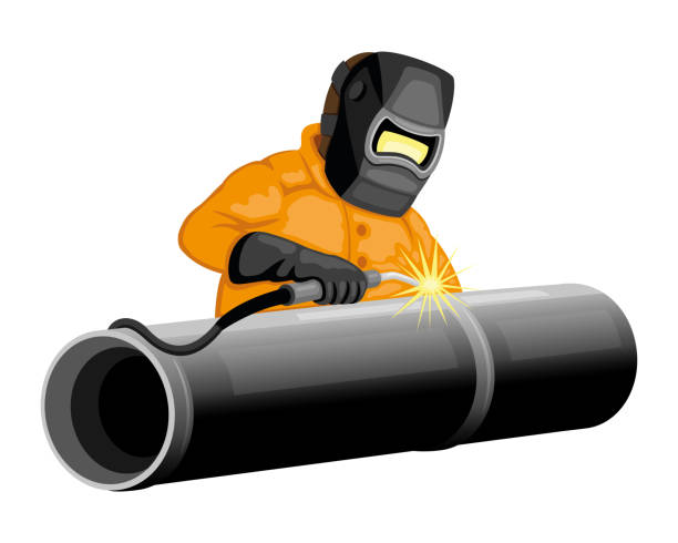 сварщик сваривает трубопровод. - welding welder pipeline manufacturing occupation stock illustrations