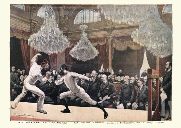 Fencers dueling, Fencing match, Paris France, 19th Century Vintage engraving of a Fencing match, Paris France, 19th Century. (At the Palace of The Elysee. An Assault of Arms at the President of the Republic), 19th Century fencing sport stock illustrations