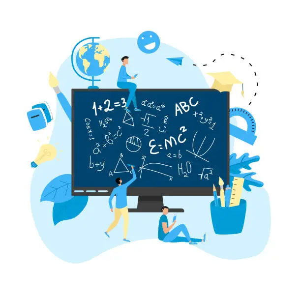 Vector illustration of Welcome back to school concept. School board in desktop's monitor with formula and school supplies.