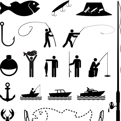 Let's go fishing black and white icon set 