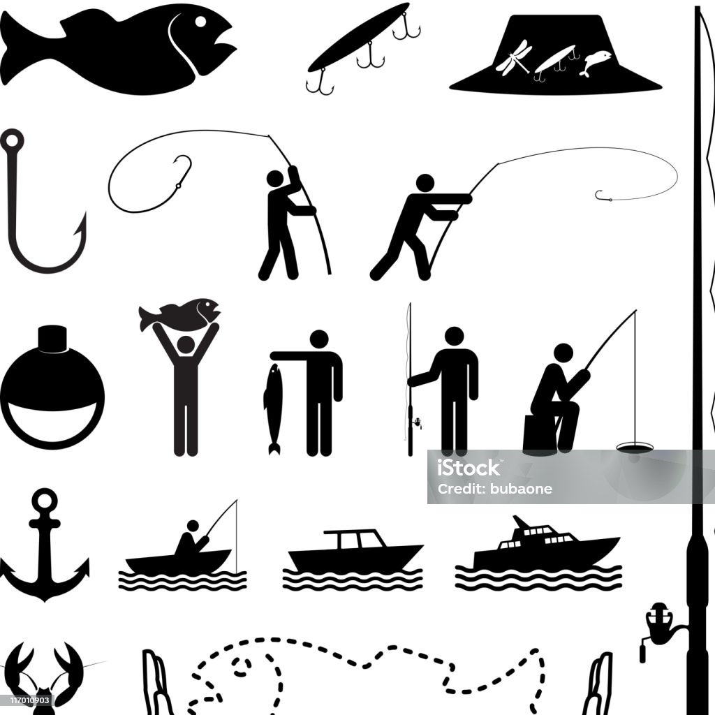 Let's go fishing black and white vector icon set Let's go fishing black and white icon set  Fishing stock vector