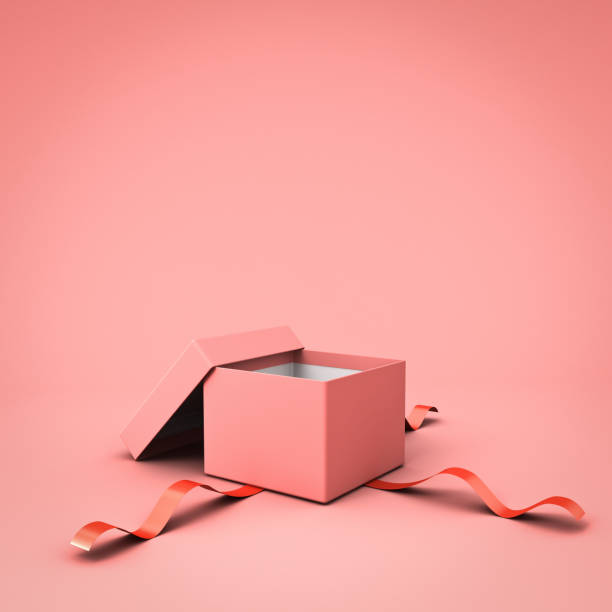 puste otwarte pudełko lub prezentowanie pudełka z czerwoną wstążką izolowane na różowym pastelowym tle z cieniem - rozpakowany zdjęcia i obrazy z banku zdjęć
