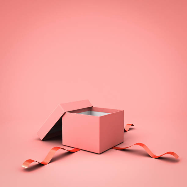 blank open gift box or present box with red ribbon isolated on pink pastel color background with shadow - unwrapped imagens e fotografias de stock