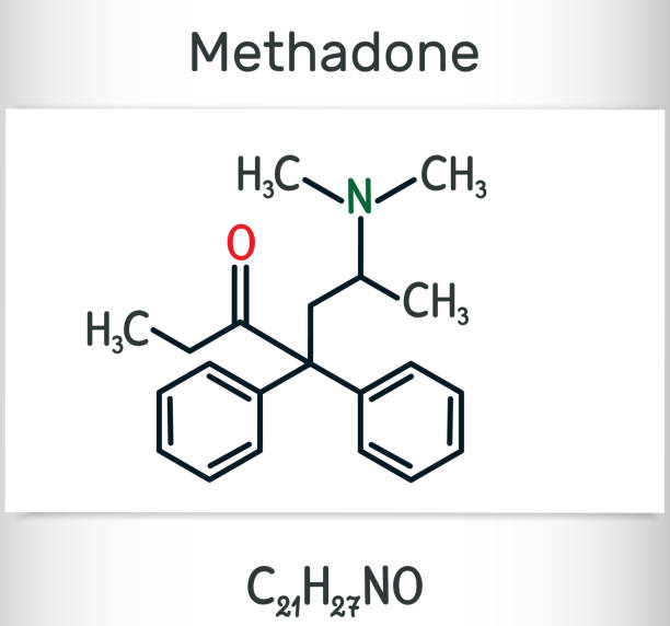 Methadone ( Dolophine)  molecule. It is an opioid, is used as an analgesic, in the treatment of drug addiction. Structural chemical formula and molecule model Methadone ( Dolophine)  molecule. It is an opioid, is used as an analgesic, in the treatment of drug addiction. Structural chemical formula and molecule model. Vector illustration methadone stock illustrations