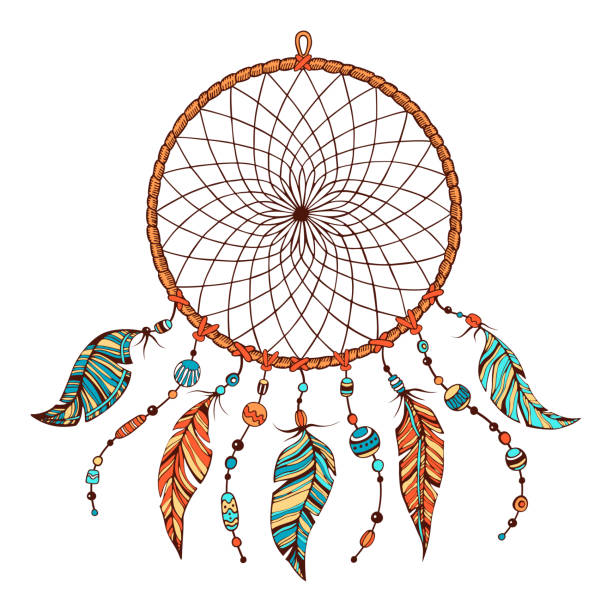 hand gezeichnet bunte boho illustration von indischen traumfänger - dreamcatcher stock-grafiken, -clipart, -cartoons und -symbole