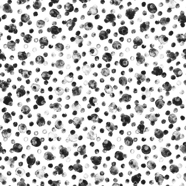 ilustrações de stock, clip art, desenhos animados e ícones de unevenly dotted flat surface with round shapes of different sizes - abstract seamless pattern with unevenly imprinted wheels made by hand by stamp and thick paint - molecules in vector - unevenly