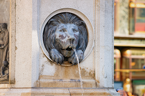 Fragment of Lion of Leopoldsbrunnen fountain on Graben Street in Old city center in Vienna in Austria. Wien in Europe. Travel and tourism view. Building architecture landmark. Austrian town history.