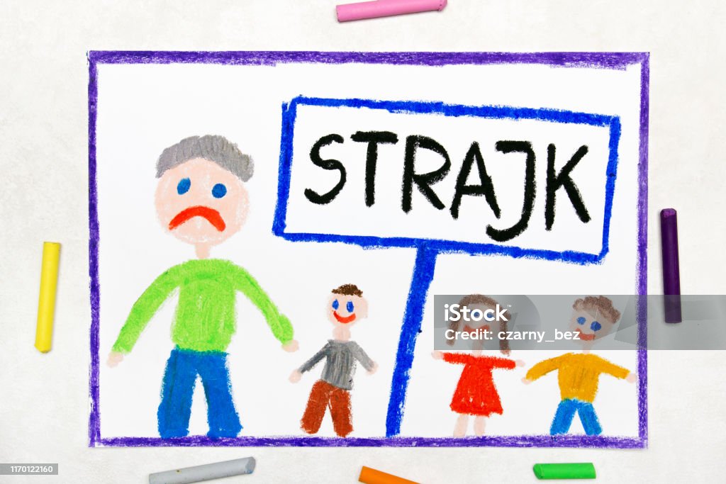  Dibujo Colorido Huelga De Maestros En Polonia Palabra Polaca Strike Profesor Y Estudiantes Foto de stock y más banco de imágenes de Huelga