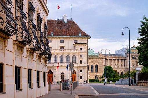Austrian Federal Chancellery, or Bundeskanzleramt, or BKA on Ballhausplatz Square in Innere Stadt in Old city center in Vienna of Austria. Seat of Chancellor and European Government in Wien in Europe