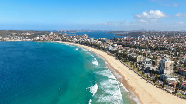 Panoramic high angle drone view of Manly Beach and the Sydney Harbour area. Manly is a popular suburb of Sydney, New South Wales, Australia. Famous tourist destination, easy to reach by ferry from CBD stock photo