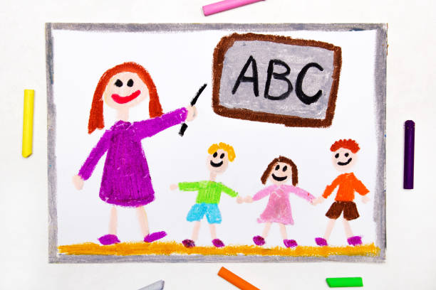 Colorful drawing: teacher and students in the classroom. Teaching children the alphabet Colorful drawing: teacher and students in the classroom. Teaching children the alphabet crayon drawing photos stock pictures, royalty-free photos & images