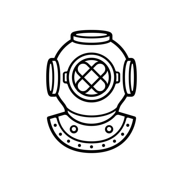 Vintage diving helmet Vintage diver helmet black and white drawing. Retro deep sea diving symbol, isolated vector clip art illustration. undersea diver stock illustrations