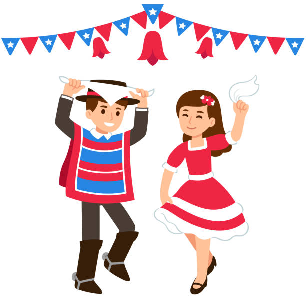 Children Dancing underwear Cute cartoon children dancing Cueca traditional dance in a fonda, celebrating Chilean holiday Dieciocho. Boy and girl in national costumes on Fiestas Patrias with flag banners. Vector illustration. chilean ethnicity stock illustrations