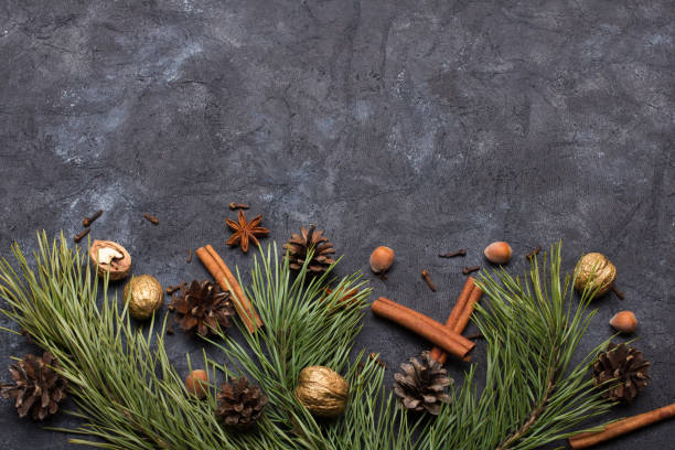 istock Beautiful Christmas Background with copy space for your text. Pine branch, cones, cinnamon and nuts 1170125041