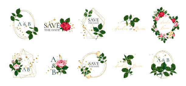Set of floral wedding logos and monogram with elegant red pink roses Set of floral wedding logos and monogram with elegant red pink roses green leaves golden geometric triangular frame for invitation save the date card design. Botanical vector illustration golden roses stock illustrations