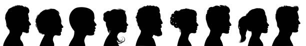 Group young people. Profile silhouette faces boys and girls set – for stock Group young people. Profile silhouette faces boys and girls set – for stock connection silhouettes stock illustrations