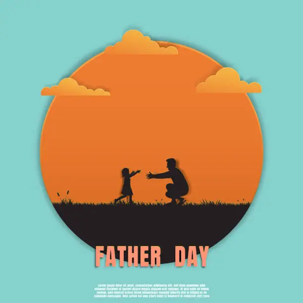 Vector illustration of Silhouette father and daughter playing in meadow on sunset background