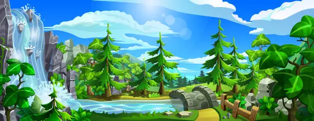 Vector illustration of Forest with waterfall, river, leave trees, fir trees and mountains.