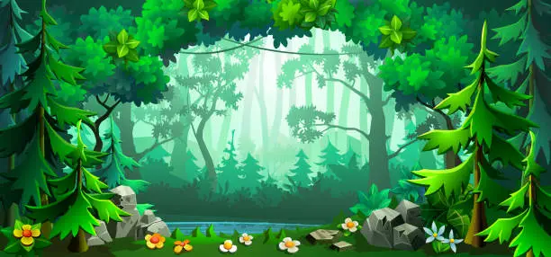 Vector illustration of Forest scene with deciduous trees and firs around.