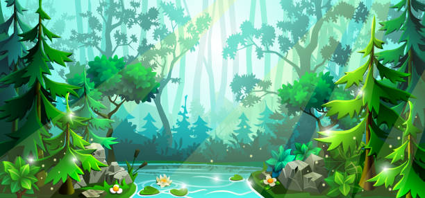 낙엽 나무, 전나무와 호수숲 장면. - spring forest scenics wetland stock illustrations