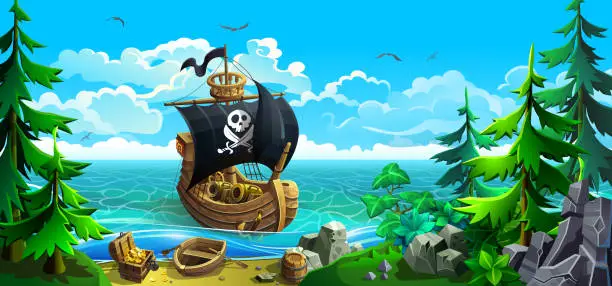 Vector illustration of Wooden ship with sails. Pirates in search of treasure chests.
