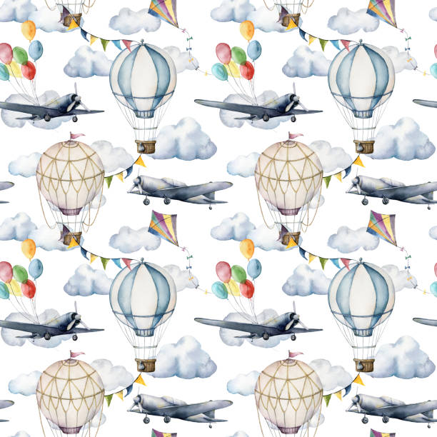 Watercolor seamless pattern with clouds and hot air balloons. Hand painted sky illustration with aerostates, planes and garlands isolated on white background. For design, prints, fabric or background. Watercolor seamless pattern with clouds and hot air balloons. Hand painted sky illustration with aerostates, planes and garlands isolated on white background. For design, prints, fabric or background balloon patterns stock illustrations