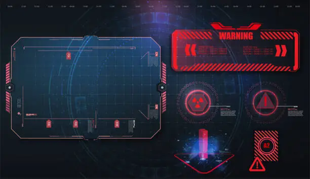 Vector illustration of HUD, UI, GUI futuristic user interface screen elements set. High tech screen for video game. Sci-fi concept design. Callouts titles. Modern banners, frames of lower third. Red. Vector illustration
