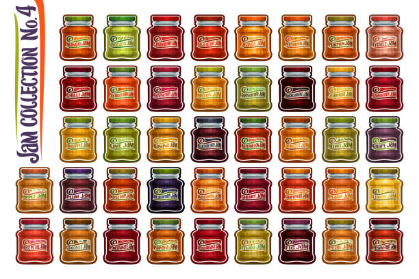 Vector set of different Jam Jars Vector set of different Jam Jars, group of 42 colorful cut out objects of fruits containers, graphic illustrations of variety big glass jars with metal caps on white, homemade jam pots collection. mango jam stock illustrations