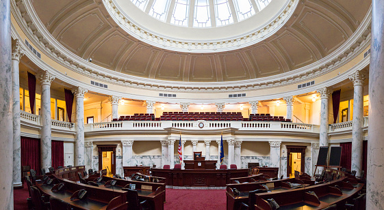 Panoramic shot of the Senate Chamber at the Idaho State Capitol Building in Boise, Idaho, USA. Multiple files stitched.