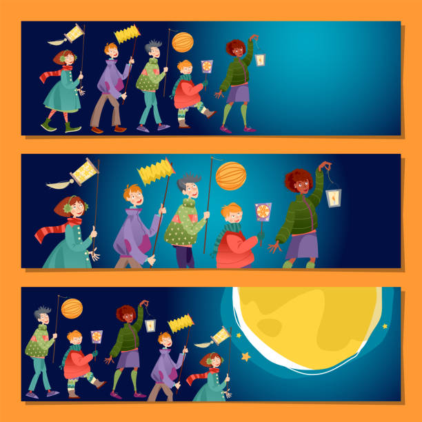 illustrations, cliparts, dessins animés et icônes de ensemble de 3 bannières horizontales universelles. les enfants avec des lanternes célèbrent la saint-martin. laternenumzug (parade de lanterne). - lantern
