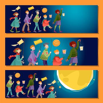 Set of 3 universal horizontal banners. Children with lanterns celebrate St. Martin’s Day. Laternenumzug (Lantern parade). Vector illustration