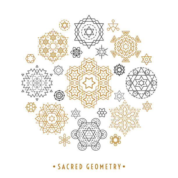 Sacred geometry set Sacred geometry style symbol set. Round composition of gold and silver sacral geometric outline signs isolated on the white background. Line art elements. EPS 10 linear design vector illustration. star of david logo stock illustrations