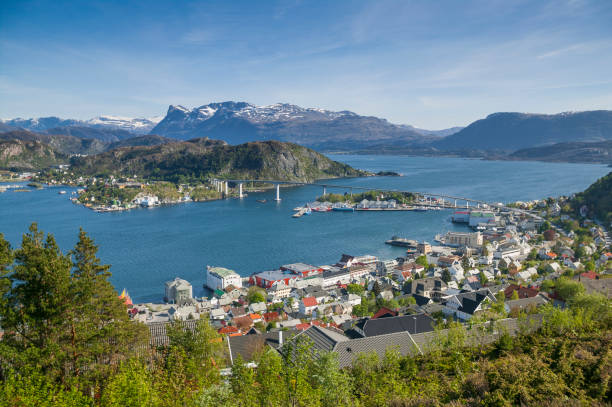 Fjord and city of  Måløy, Norway stock photo