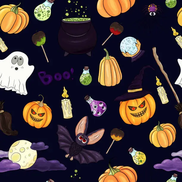 Vector illustration of Halloween theme print. Halloween hand drawn objects pattern. Colorful holiday icons on dark background. Ghost, jack lantern, jack pumpkin, bat, magic bottles, potion, magic ball,moon,hat, broom,candle