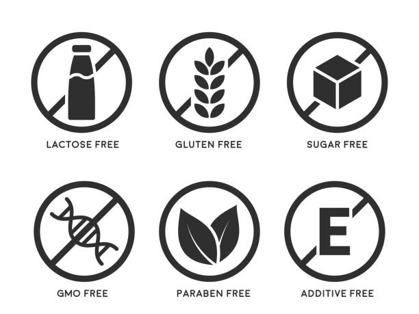 Set of product icons Set of icons Gluten Free, Lactose Free, GMO Free, Paraben free, Food additive, Sugar free. Vector illustration. lactose fermentation stock illustrations