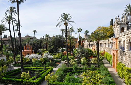 Ornamental Royal Alcazar gardens,an oasis in the city of Seville,Spain.