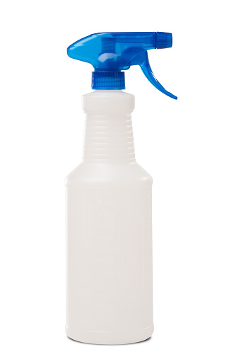 vertical photograph of a Spray Bottle with a Blue Handle on a White Background