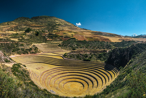 Moray agricultural terraces in the Sacred Valley in the Cusco Region of southern Peru