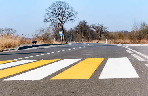 pedestrian crossing strips, yellow and white lines on asphalt