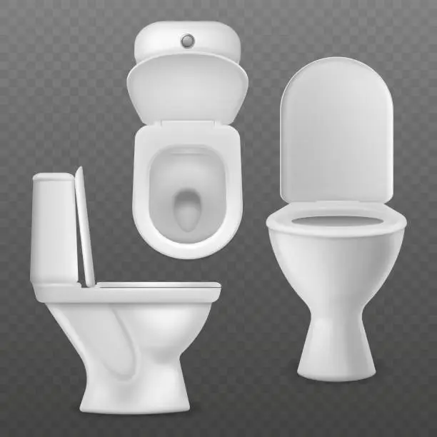 Vector illustration of Realistic toilet bowl. White toilet basin, clean lavatory bathroom ceramic bowls group top, side and front view. Toilet vector mockups